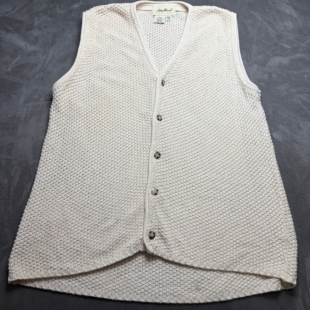 Vtg 90s Eddie Bauer Sweater Vest Men L Cream V Neck Chunky Knit Grandpa Core USA